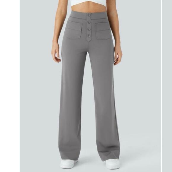 Halara High Waisted Button Pockets Straight Leg Casual Pants Women’s L Gray - Picture 1 of 8